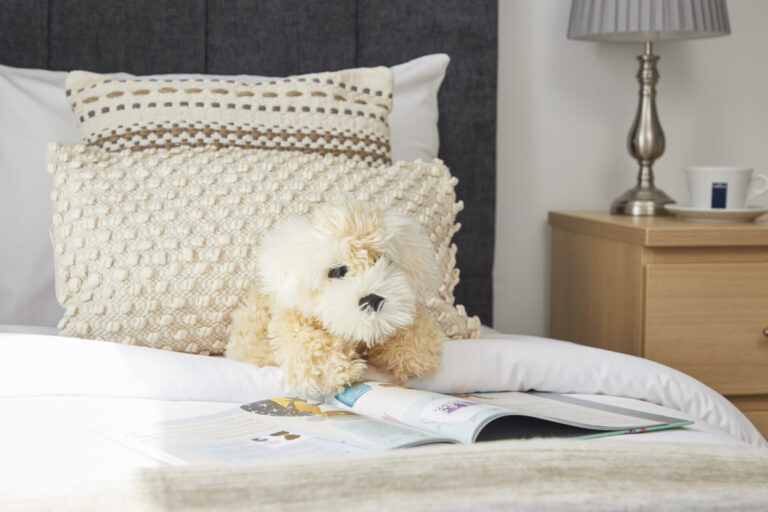 A cuddly toy dog on a Classic Room bed, ready for four-legged guests